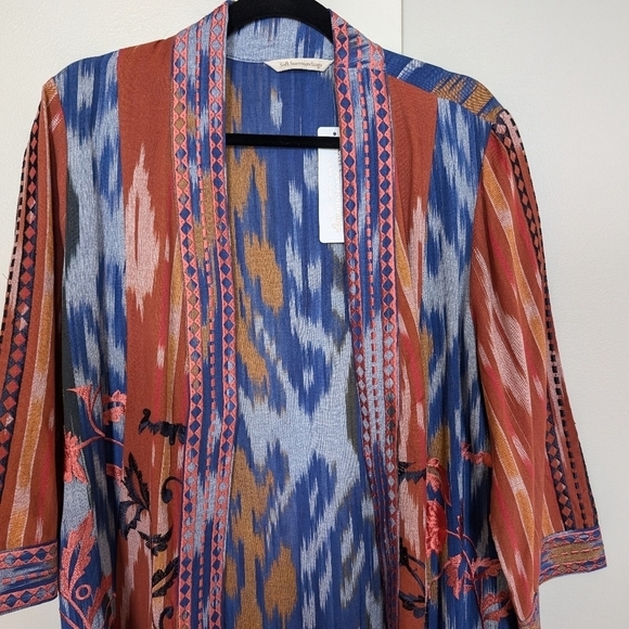 Soft Surroundings blue orange ikat embroidered duster kimono sz L NWT - Picture 4 of 9